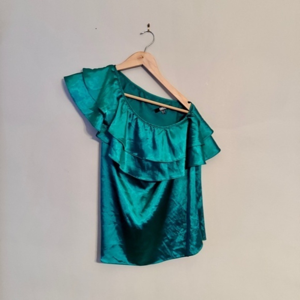 ASOS Green Satin One Shoulder Ruffle Blouse Top